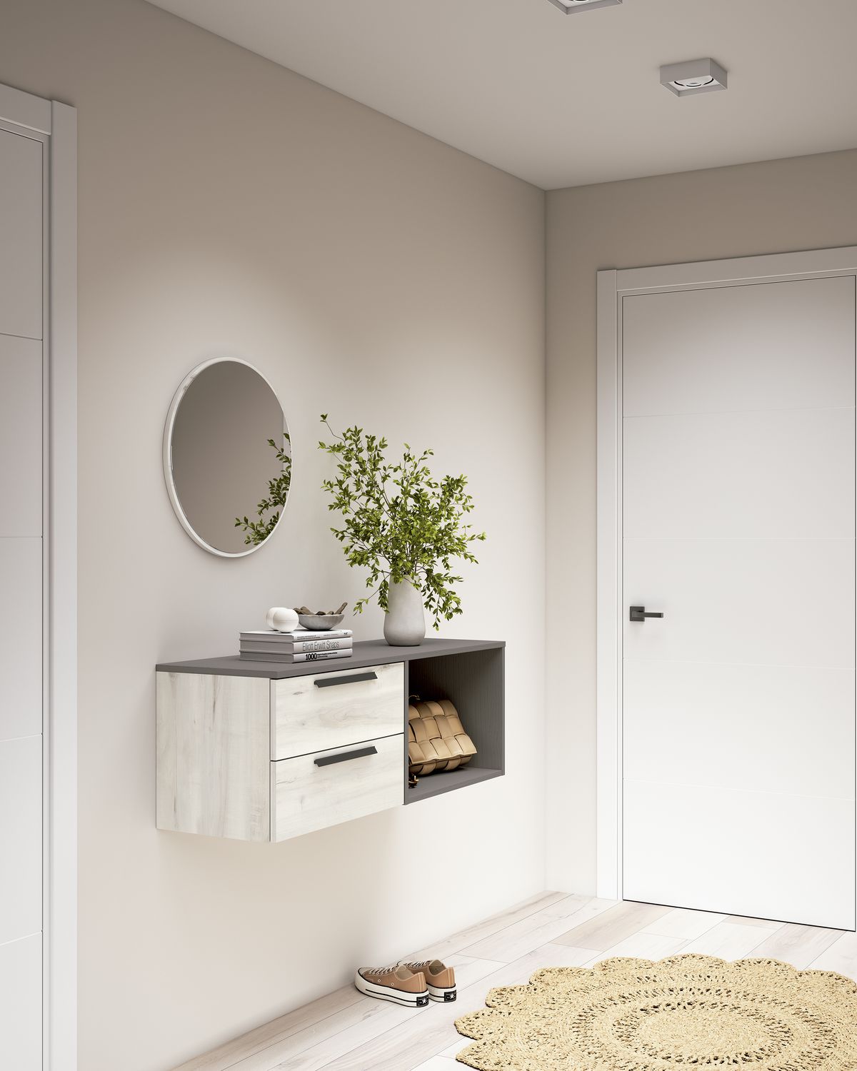Mueble de recibidor colgado con espejo redondo