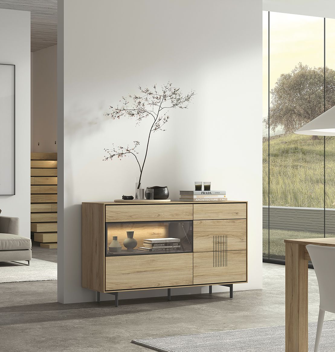 Composición de salón con estanterías