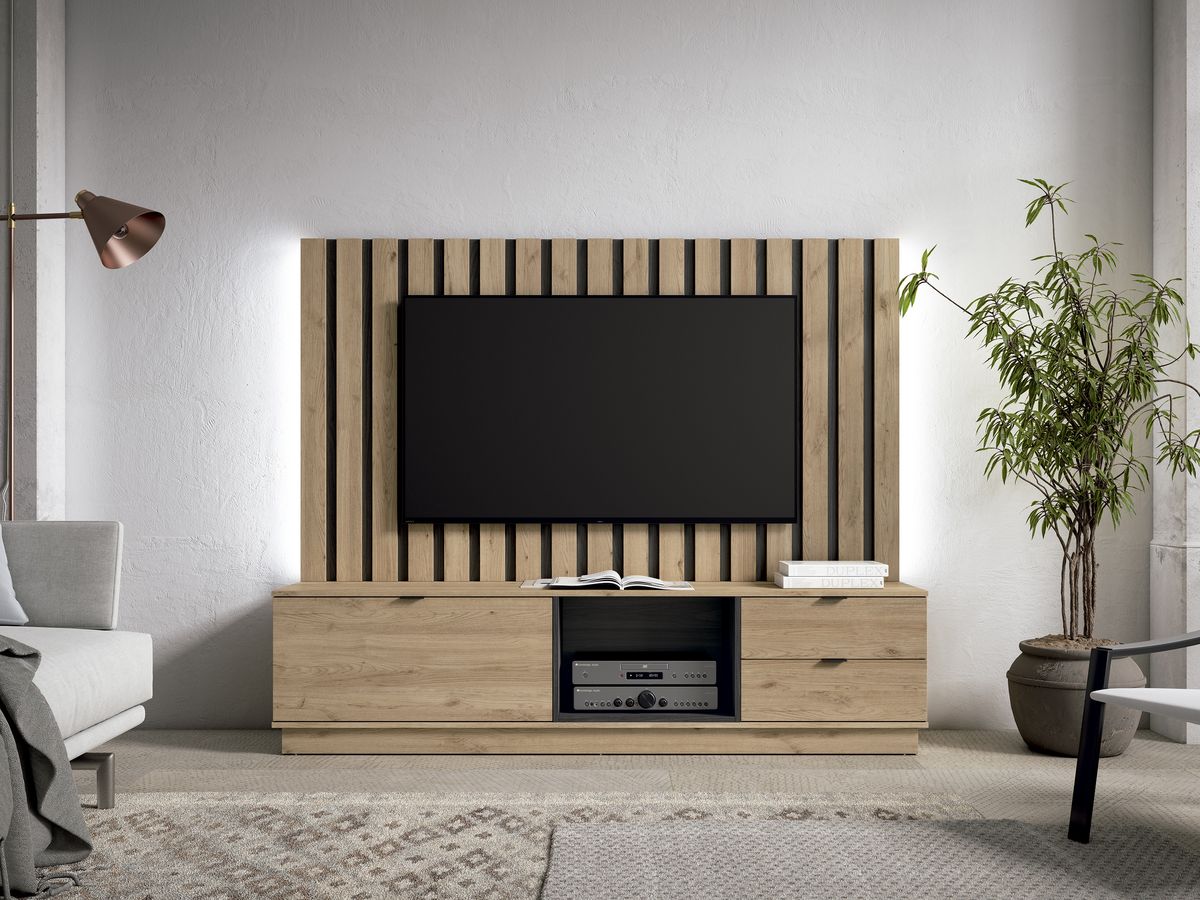 Mueble de TV con panel de listones de madera