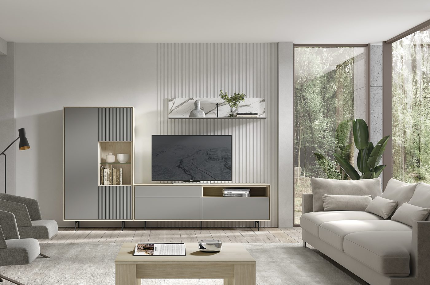 Composición de salón en gris y madera